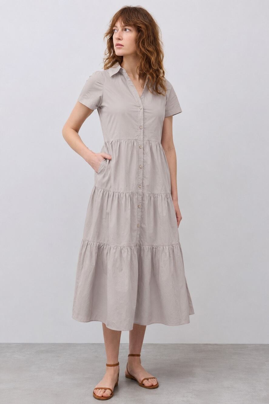 Ruti Tiered Shirt Dress M/L Beige Collared Button Front Midi Pockets Stretch